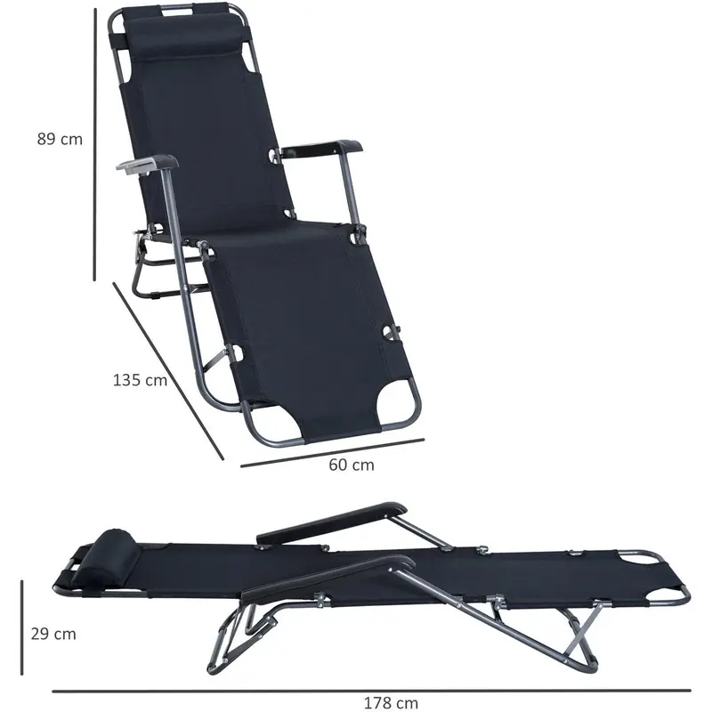 2-in-1 Folding Sun Lounger Chair with Pillow, Black 2