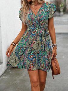 Women's All Over Print Belted Dress, Boho Casual V Neck Short Sleeve A Line Dress for Summer, Women's Clothing for Beach Holiday Vacation