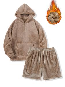 Men's Solid Hoodie & Shorts Plush Set, Casual Long Sleeve Hooded Sweatshirt & Shorts, Men's Fall & Winter Clothes