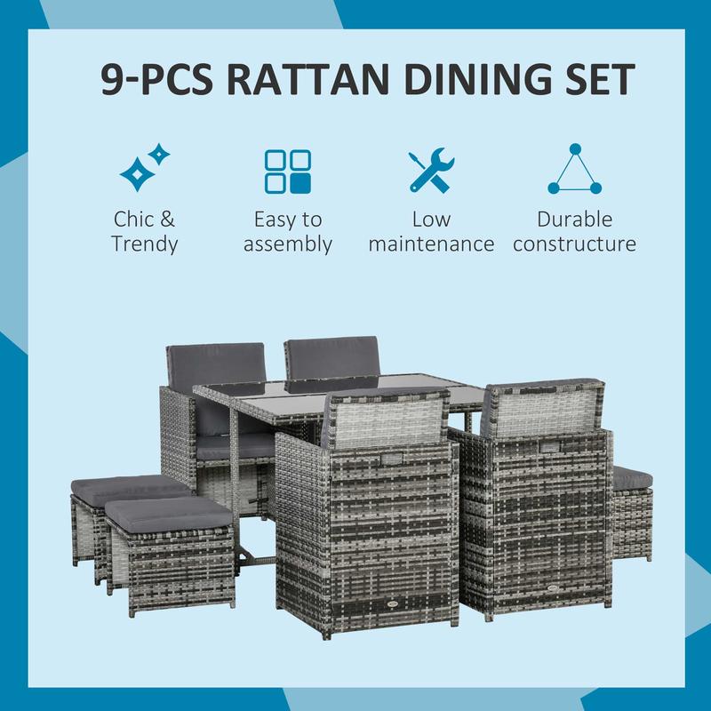 Outsunny 8-Seater Rattan Furniture Set Wicker Weave Patio Dining Table Seat 3