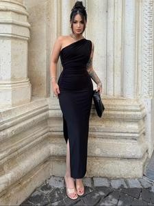 Women's Plain One Shoulder Dress, Classy Elegant Formal Sleeveless Split Hem Evening Party Gown, Ladies Summer Clothes