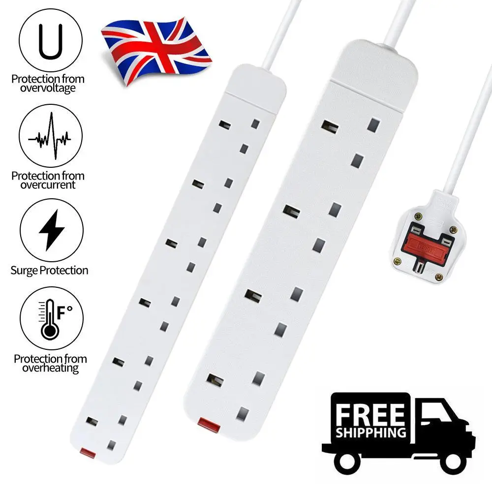 White Electric Extension Lead - 4-6 Gang, 3 Metre Cable with UK Plug & 3 Pin Socket - Wall Mountable & Multi Socket Mains Strip for Home, Bedroom, Kitchen, & Office (1 Pack) move  socket extension  cord  mom
