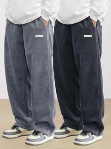 Men's Letter Patched Corduroy Pants, Casual Comfy Loose Straight Leg Trousers for Fall & Winter, Men's Bottoms for Daily Wear