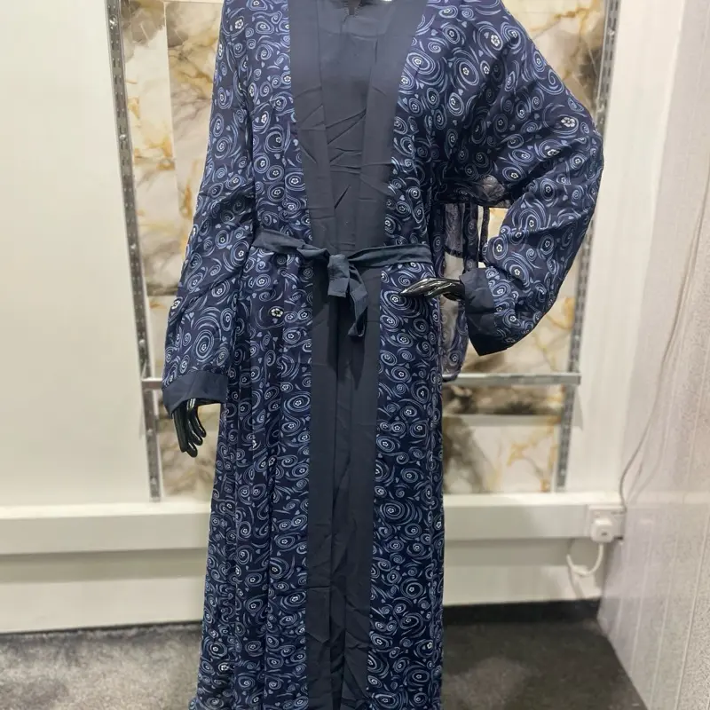 3 Piece Abaya - Navy Blue Patterned Design - As Seen in the Image 0