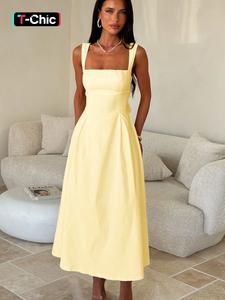 Elegant Vintage Square Neck Back Tie Strap Dress, Sleeveless Fitted Midi Dress, Casual Plain Style, Women's Fashion Clothing