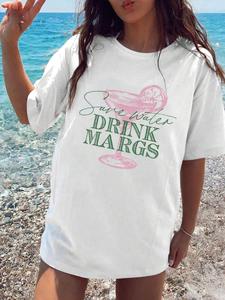 Women's Letter & Drink Print Round Neck Tee, Casual Short Sleeve T-shirt for Summer, Ladies Clothes for Daily Wear, Top