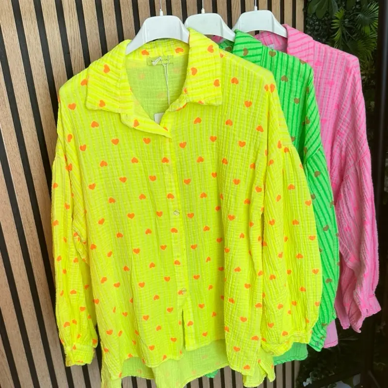 MissVboutique -“Cora” Pinstripe  Heart Neon Cheesecloth Shirt