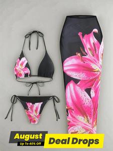 Women's Floral Print Halter Bikini Set, Chic Tie Back Swim Bra & Tie Side Swim Panty & Cover Up Skirt Set, Fashion Swimming Swimwear Set for Beach Holiday Vacation, Y2k Bathing Suit, Bikinis Sets, Floral Pink Bikini, Swimsuit Women, Adjustable Bikini Top