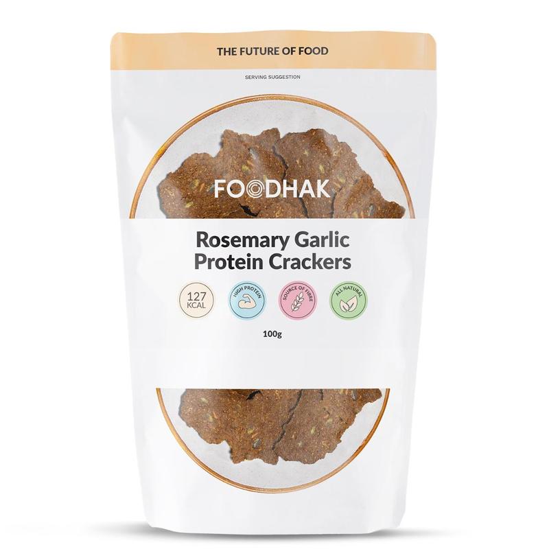 FOODHAKS Rosemary and Garlic Protein Crackers (100 g) - Plant Based Low Carb Crackers, High-Protein, Oven-Baked Rich Fibre, Gluten-Free Healthy Snacks with Chia, Pumpkin and Sunflower Seeds 1