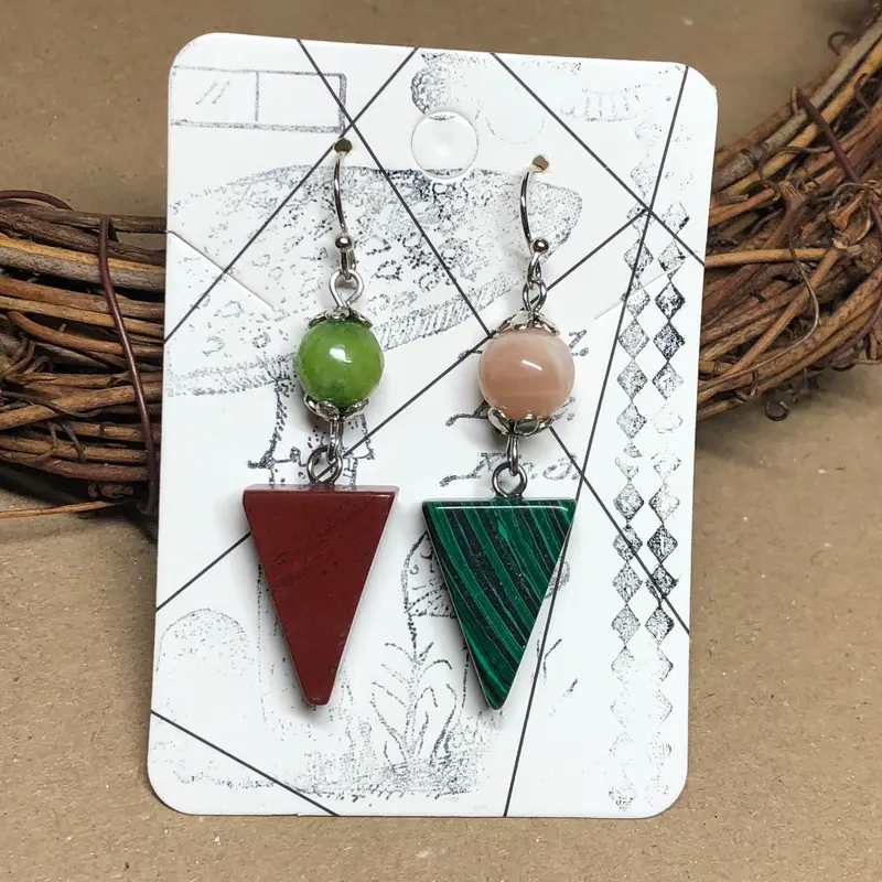Julie - Mismatched triangle gemstone earrings - Peridot, Jasper, Sunstone and Malachite 1