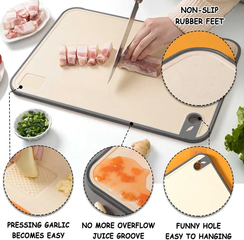 Chopping Board Set, BPA Free Plastic Cutting Boards, Large Chopping Boards with Non-Slip Rubber Feet and Garlic Press Grove for Kitchen Carving Meat/Vegetable, Durable & Easy to Clean, 3 Pcs Knives 5