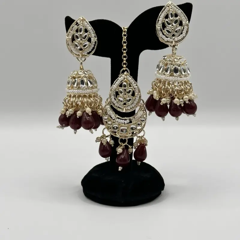 Maroon Earings with Mangtika - Traditional Indian Jewellery
