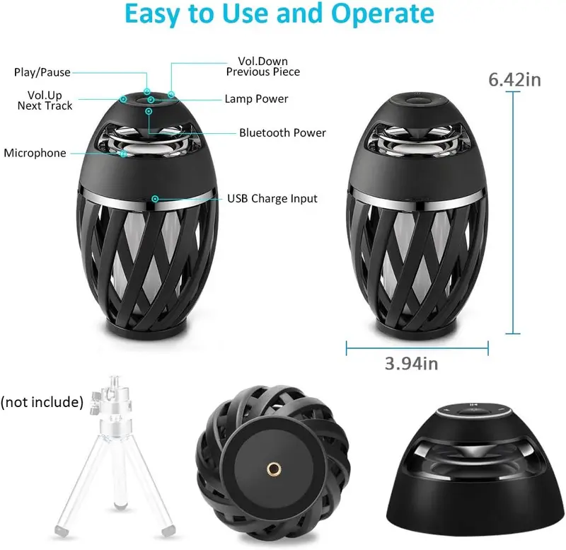 2-Pack Led Flame Speakers, Flame Torch Atmosphere Speaker Bluetooth 4.2 Wireless Portable Outdoor HD Audio Waterproof Speaker with LED Flickers Warm Night Lights for iPhone/iPad/Android 4