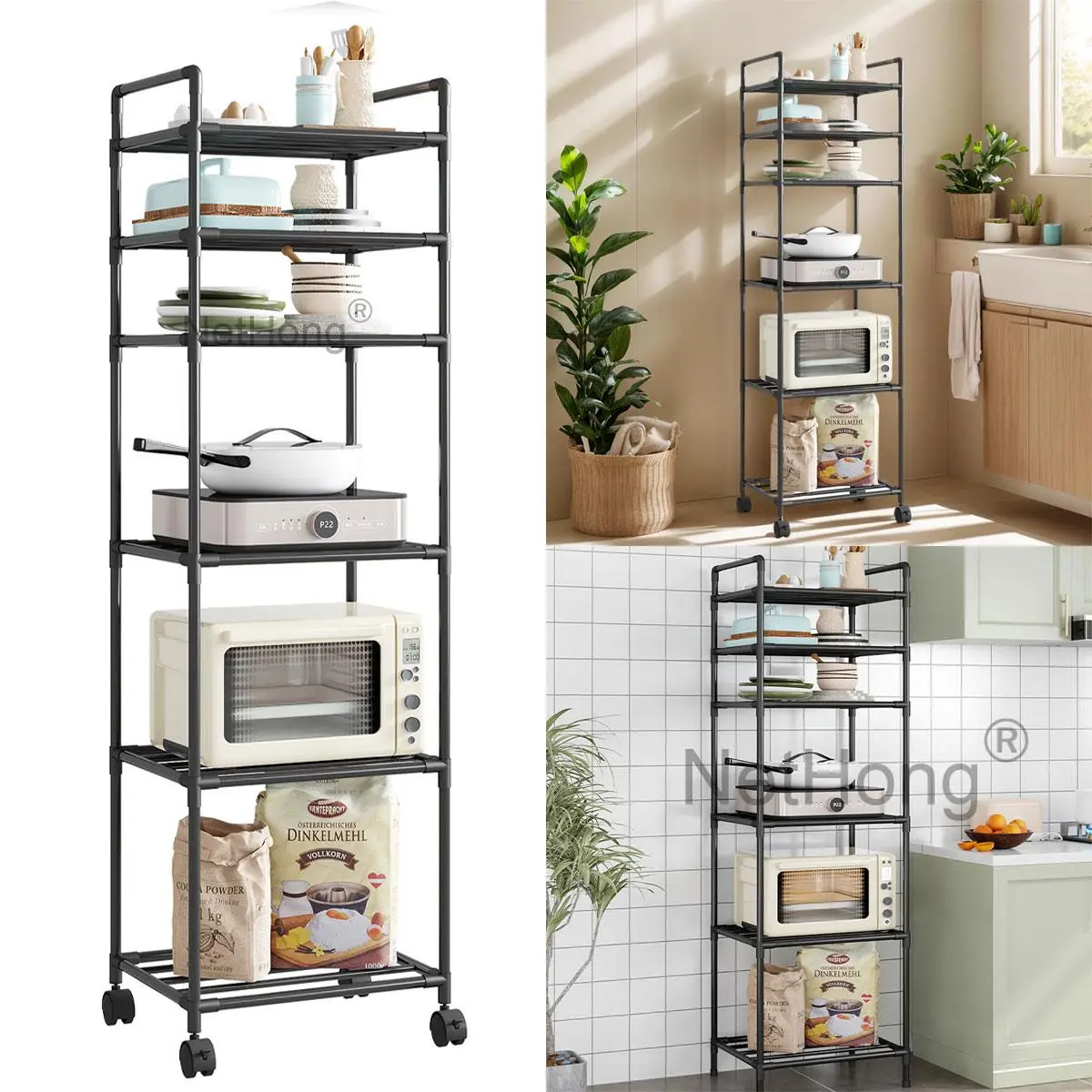 Heavy Duty 4-Tier Metal Shelving Unit - 150kg Capacity Adjustable Storage Rack with Wheels | Industrial Strength for Garage, Kitchen & Laundry Organisation Household Organiser
