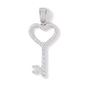 Womens Iced Out Heart Key Pendant - White Gold