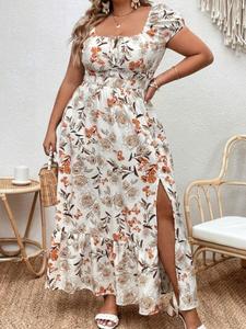 Plus Size Floral Print Ruffle Hem Split Thigh A Line Dress, Slim Fit Elegant Puff Sleeve Tie Front Dress for Beach Holiday Vacation, Women's Clothes for Summer, Bohemian Womenswear,  Holiday Dresses