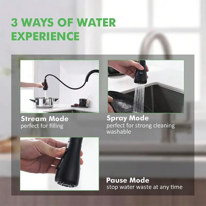 1pc Pull-Down Sprayer Kitchen Faucet Black, 360 Degree Kitchen Sink Mixer Taps Pull Out Spout Spray Single Lever Mono Tap- Included Accessory Kit 2