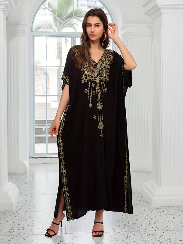 EDOLYNSA Plus Size Women's Middle Eastern-Inspired Casual Short Sleeve Batwing Sleeve V-Neck Split Hem Maxi Kaftan Dress - Lightweight Beach Dress for Spring Summer Fall, Hand Wash Only, Vacation Outfit, Loose Fit, Flowy Material, Vacation Wardrobe 2