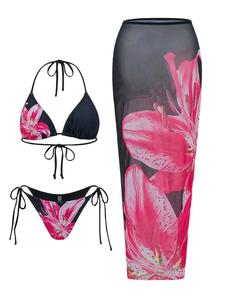 Women's Floral Print Halter Bikini Set, Casual Tie Back Contrast Mesh Swim Top & Tie Side Swim Bottom & Cover Up Skirt Set, Ladies Swimsuit for Beach Holiday Vacation, Floral Pink Bikini, Summer Swimsuit Set, Black