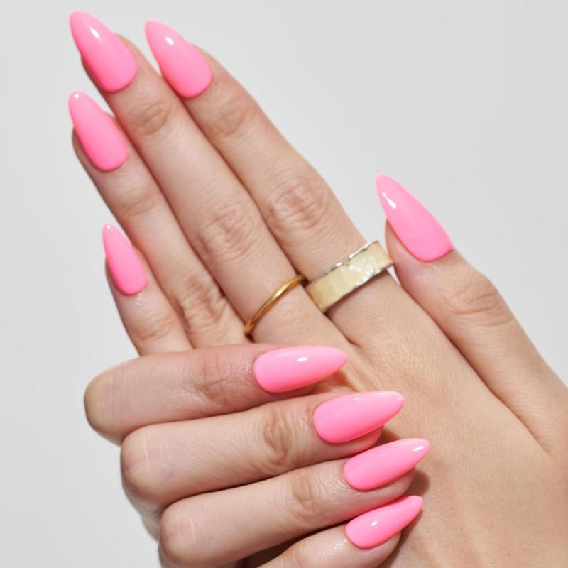GLAMERMAID Press on Nails Medium Almond, Spring Summer Handmade Hot Pink Gel Glue on Nail, 24Pcs Glossy Short Stiletto Reusable UV Finish Fake Nails Acrylic False Nails Manicure Kits for Women 3