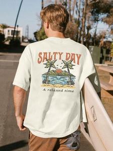 Men's Letter & Palm Tree Print Round Neck Tee, Loose Casual Short Sleeve T-shirt for Summer, Men's Top for Beach Vacation, Menswear