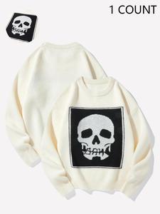 Men's Skull Print Pullover, Regular Fit Casual Fashion Long Sleeve Crew Neck Sweatshirt for Daily Holiday Outdoor Wear, Men Clothes for Fall & Winter