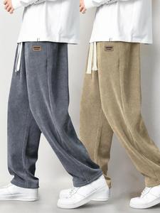 Men's Letter Patched Drawstring Waist Corduroy Pants, Casual Comfy Straight Leg Trousers for Fall & Winter, Men's Bottoms for Daily Wear