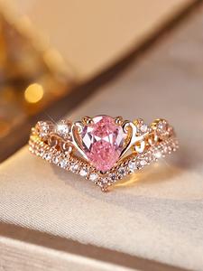 Vintage Pink Zirconia Decorated Ring, Elegant Rhinestone Decor Ring for Women, Fashion Jewelry for Party, Daily Clothing Decor, Trendy Jewelry for Birthday Gift