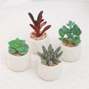 4pcs Miniature Artificial Succulents in White Geometric Ceramic Pot for Home Decor