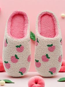 Women's Cute Peach Pattern Plush Slippers, Casual Soft Comfortable Home Slippers, Warm Slippers for Indoor & Outdoor Use for Fall & Winter, Footwear