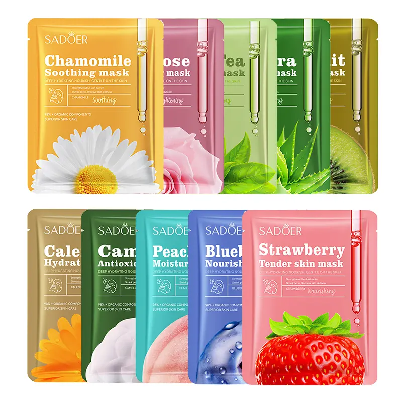 K-10pcs SADOER Fruit Floral Fragrance Face Mask Moisturizing Firming Hydrating Chamomile Blueberry Facial Masks For Face Skin Care