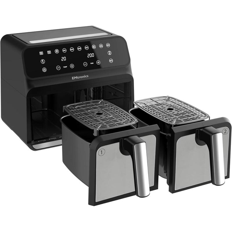 2025NEW-EMtronics EMAFDD8LSL Dual Air Fryer Extra Large Family Size Double XL 8 Litre with 8 Adjustable Pre-Set Menus for Oil Free & Low Fat Healthy Cooking, Easy Clean Metal Interior, 99-Minute Timer - 1
