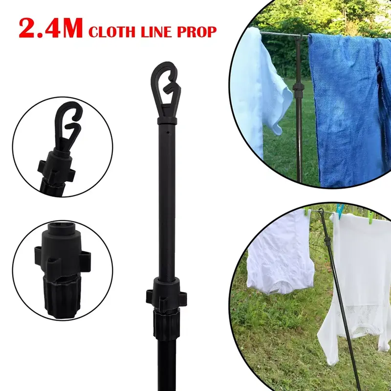 2x clothes washing line prop pole heavy duty telescopic support extendable 2.4m 5