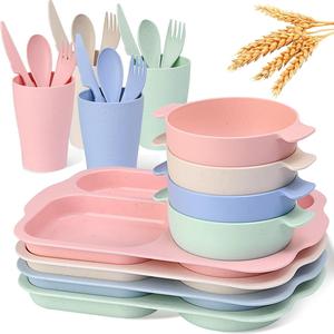 Wheat Straw Cutlery Set, 24pcs/set Including Plate*4 & Bowl*4 & Cup*4 & Cutlery*4 Sets, Reusable Wheat Straw Tableware Set for Home School Restaurant