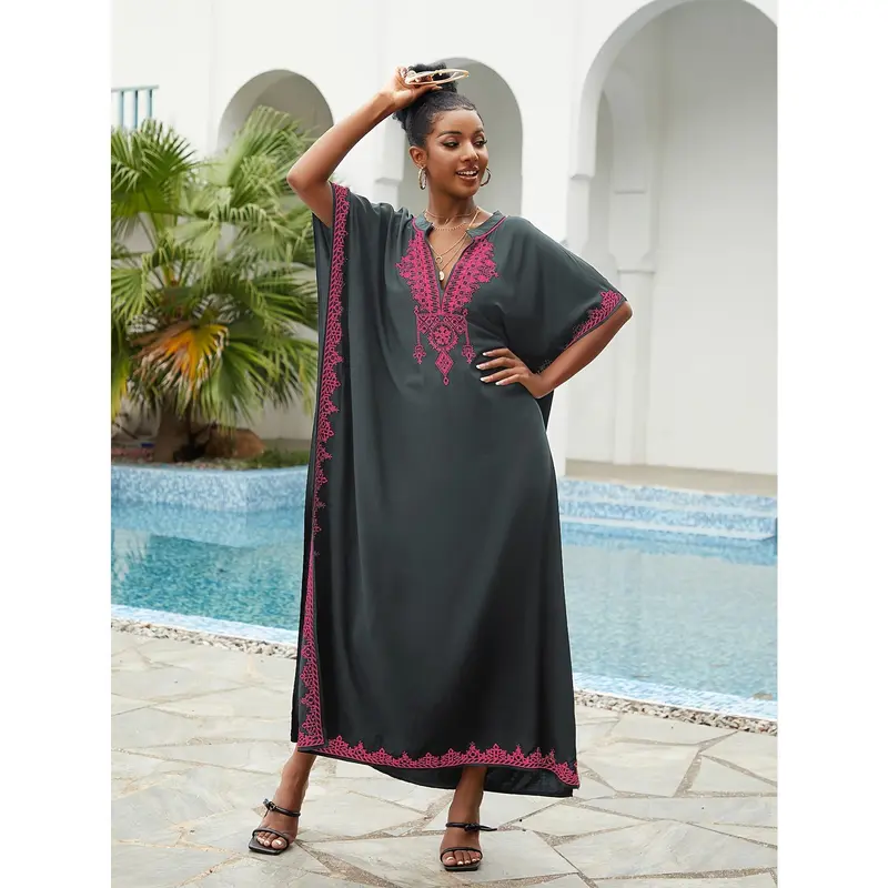 Ramadan Plus Size Boho Kaftan Dress, Women's Plus Golden Embroidered Bat Sleeve Notched Neck Maxi Cover Up Dress 8