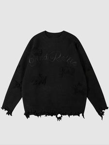 Men's Solid Letter Print Distressed Trim Sweater, Loose Casual Drop Shoulder Long Sleeve Jumper, Men Knit Top for Fall & Winter Daily Wear