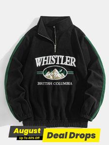 Men's Landscape Embroidery Half Zip Drop Shoulder Fleece Sweatshirt, Loose Casual Long Sleeve Funnel Neck Longsleeves Pullover for Fall & Winter, Men's Clothes for Daily Wear, Casual Soft Sweatshirt, Casual Streetwear Sweatshirt