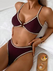Women's Summer Bikini Set, Adjustable Strap Design, Shell Decoration, Low-Waist Triangle Swimsuit, Pure Color Two-Piece Swimwear