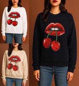 Findfashion Women's Cherry Lips Graphic Pullover Sweatshirt Casual Long Sleeve Streetwear For Ladies