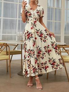 Women's Floral Print Button Front Dress, Boho Frenchy Style Short Sleeve Dresses, Summer Outfits 2024, Women's Clothes for Summer Beach Vacation Holiday