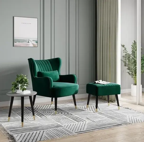 Velvet Armchair with Footstool and Lumbar Pillow, Wing Back Accent Chair with Ot