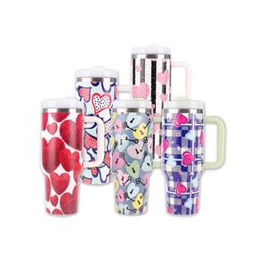 40oz Stainless Steel Heart Design Insulated Tumbler with Handle and Straw – Large Capacity Leak-Proof Travel Mug for Hot & Cold Beverages, Coffee Cup, Portable Drinkware Flask with Lid, Water Bottle for Office, Home, and Outdoors Lightweight Lightweight