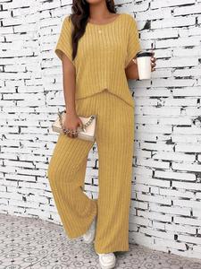 Women's Solid Ribbed Knit Top & Wide Leg Pants Set, Casual Fashion Cozy Top & Trousers for Daily Outdoor Wear, Ladies Clothes for All Seasons, Suits
