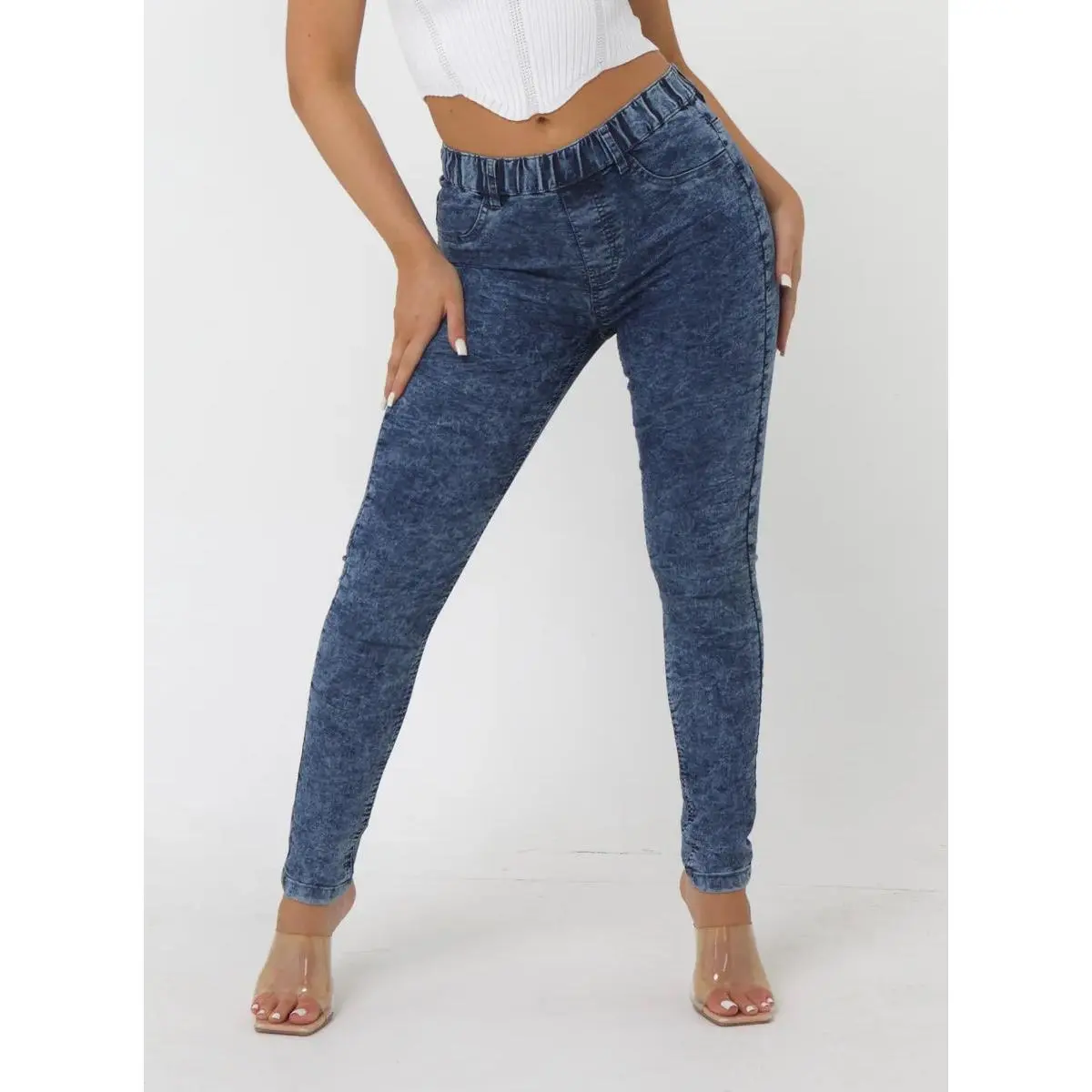 Ladies Kate Pull Up Stretch Denim Jeggings White / Acid Wash