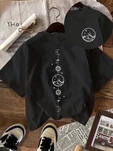 Women's Cartoon Moon Print Round Neck Tee, Vintage Trendy Casual Short Sleeve T-shirt for Daily Wear, Ladies Summer Outfit