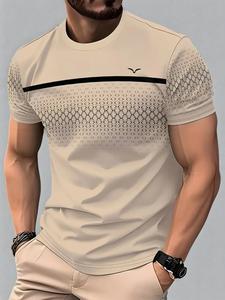 Men's Geometric Print Round Neck Shortsleeve Tee, Regular Fit Casual Fashion Short Sleeve T-shirt for Daily Wear, Men's Top for All Seasons, Athletic Fashion T Shirts for Men, Athleisure Breathable Clothes, Athletic Style Activewear, Casual Workout Tops