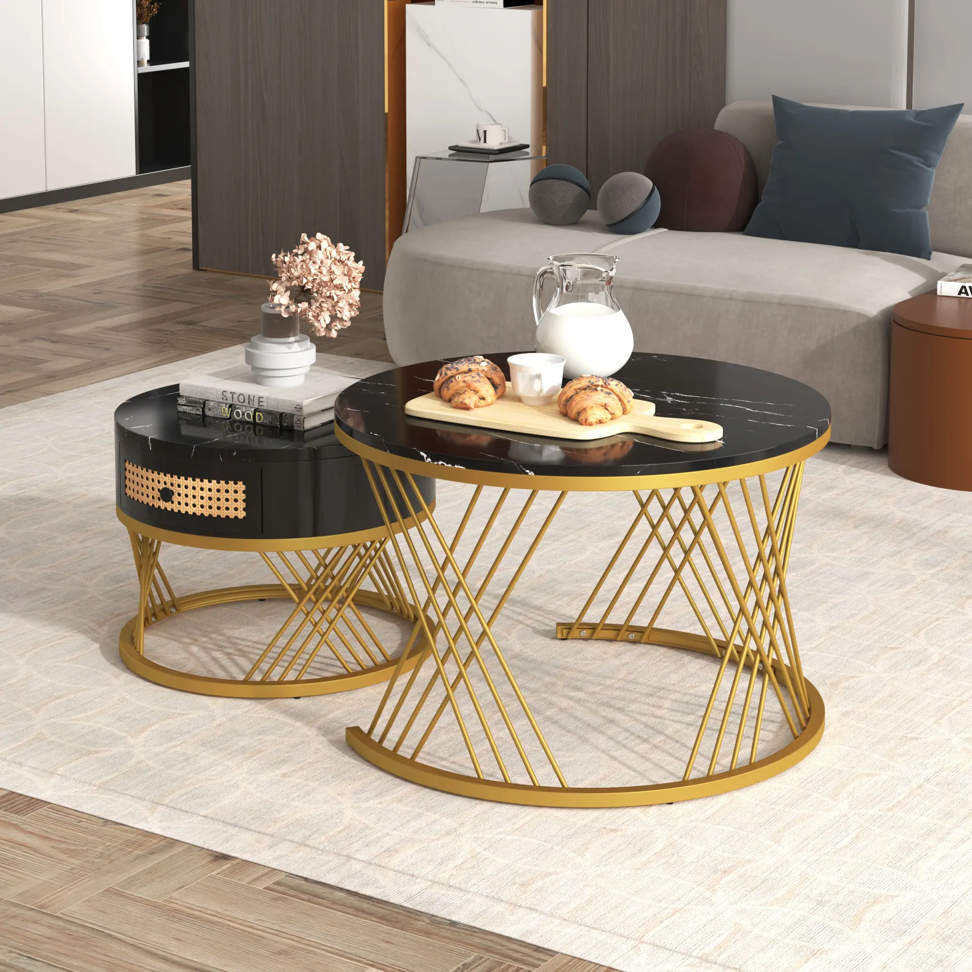 2-in-1 round coffee table made of MDF with marble grain veneer top, rattan drawers and solid wood handles. Gold coloured iron legs. 70*70*45.5+50*50*38.5cm