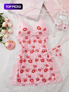 Women's Lip Print Lace Trim Cami Nightdress & Thong Sexy Lingerie Set, Comfy Breathable Nightgown & Panty Set, Women's Sleepwear & Loungewear Set, Sleeveless Nightgown, Soft Sleepwear Loungewear, Soft Seductive Nightwear, Nightwear Outfit, Underwear