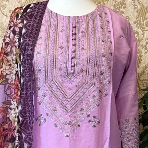 Premium 3 Piece Loose Fitting Cotton Suit Ready Made Eid Collection 4 Colours Indian Pakistani Dress Comfort Traditional Asian Clothing Loose Fitting Outfit Womenswear Comfortable Soft Kurta Breathable Style  embroidered stitched suits clothes 8