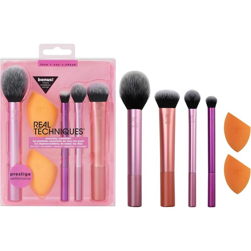Real Techniques Everyday Essentials + Makeup Sponge Kit, 4 Makeup Brushes and 2 Makeup Blender Sponges,Blush, Bronzer, Eyeshadow, and Powder, Synthetic Bristles, Cruelty-Free, 6 Piece Set Cosmetic 0